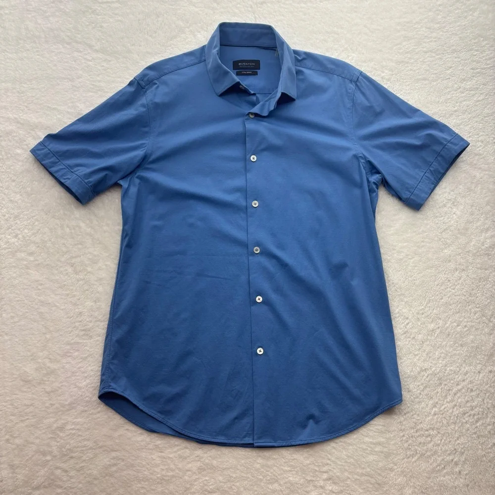 Bugatchi OoohCotton Tech Mens Short Sleeve Button Down Shirt Blue Size M Stretch